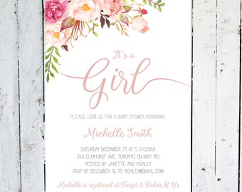 Baby Shower Invitation Girl, It's A Girl, Floral Baby Shower Invitation, Boho Baby Shower Invitation, Pink, Watercolor