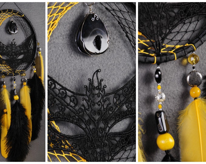 Dreamcatcher Black yellow fox Decor agate DreamCatcher Moon Dreamсatcher agate boho dreamcatcher wall decor handmade black fox dreamcatcher