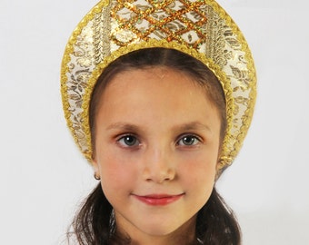 Russian traditional hat silk Kokoshnik, Russian crown, Tiara, Girl head-dress, Woman head-dress, Russian headwear