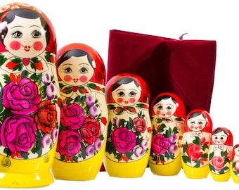 Russian Nesting Doll - VERY BIG size - 10 dolls in 1 - Russian SEMENOVO Traditional - Hand Painted in Russia