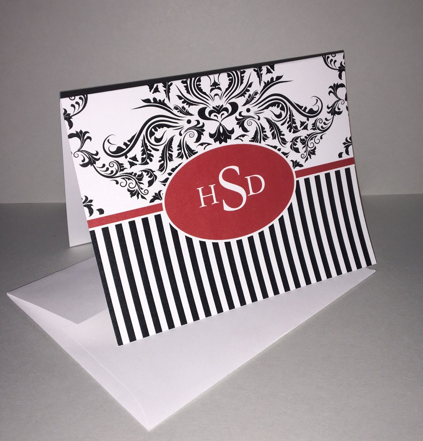 Personalized Damask Note Cards, Stationery Set, Black and White Stripes, Custom Notecards, Thank