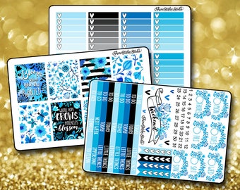 Blooming Blue - Vertical Planner Stickers Erin Condren Life Planner ECLP Blue Floral Watercolor Stickers