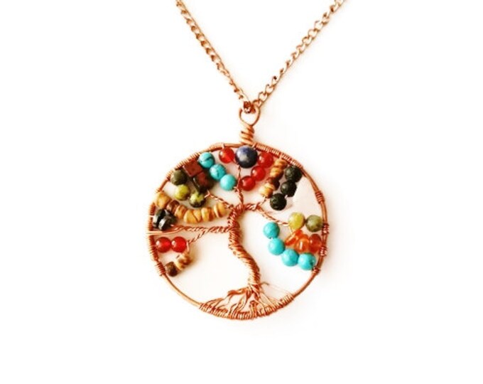Multi-Gemstone and Copper Tree of Life Necklace, Turquoise, Lava, Carnelian, Hematite
