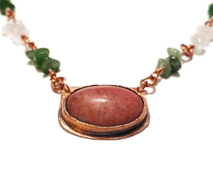 Pink Rhodonite Pendant, Heart Chakra Necklace, Rose Quartz, Green Aventurine Necklace, Unique Birthday Gift
