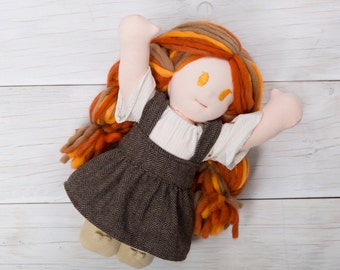 11" Waldorf Doll, Plush Doll, Girl, Yarn Hair, Rag Doll, Organic Cotton, Wool Doll, Steiner Doll, Cloth Doll, Handmade Doll