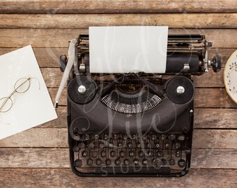Styled Stock Photography - Horizontal Flat Lay Image of Rustic Wood Planks, Black Vintage Typewriter w Paper, Glasses and Coffee Cup - Blog