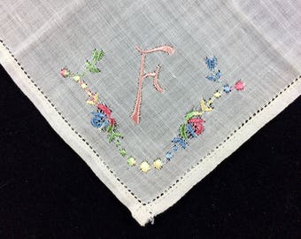 Vintage 1940s White Cotton Handkerchief – Pink Monogram F - Embroidered Hanky - Estate Accessory