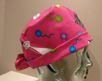 Cat pixie surgical scrub hat, pink women's scrub hat, chemo hat, cats surgical scrub cap, tie back scrub hat, pink surgical hat, surgery cap