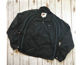 Vintage Nike Windbreaker, Black Teal Piping Size Large 12-14, Vintage Nike Jacket, 90s Nike, Vintage Athletic Wear, 90s Streetwear Clothing
