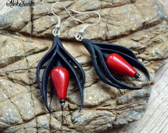 Long dangle earrings Statement jewelry Red earrings Black earrings Polymer clay jewelry for women Unique earrings Unusual earrings .hba