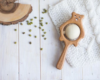 Traditional Wooden Rattle. Teething Toy. Natural Wooden Infant Toy. Eco Friendly Baby toy. Bear rattle. Christmas gift. Newborn gift.