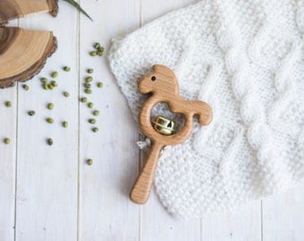 Rattle with Bell. Organic Wooden Teething Toy. Horse Rattle. Natural Wooden Toy. Eco Friendly Infant Toy. Newborn gift.