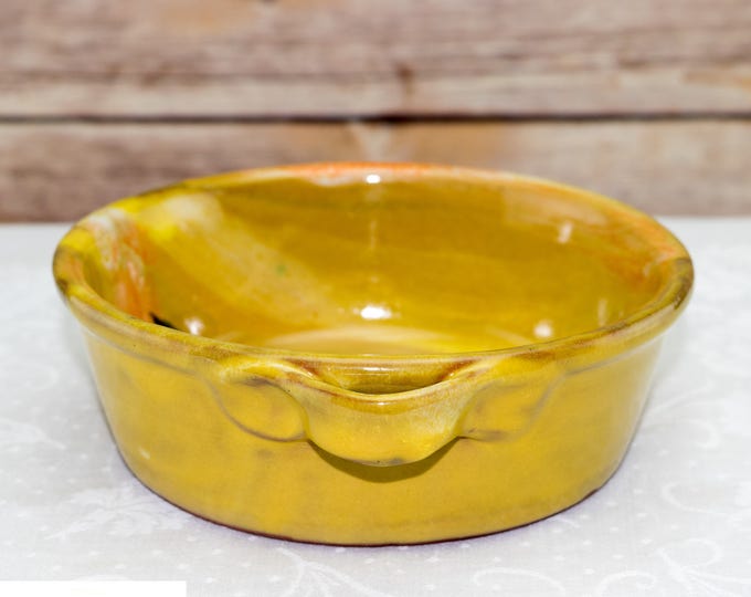 Primitive Redware Hand Painted Folk Art Green Onion Pottery Bowl