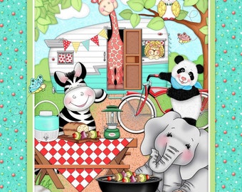 Bazooples Fabric - Bazooples Animals Campout Quilt Top Panel 100% cotton 43" Fabric by the panel, SC199
