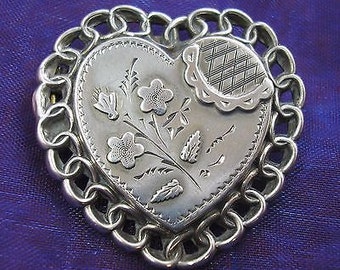 Antique Victorian Silver Sweetheart/Heart Brooch - 1889