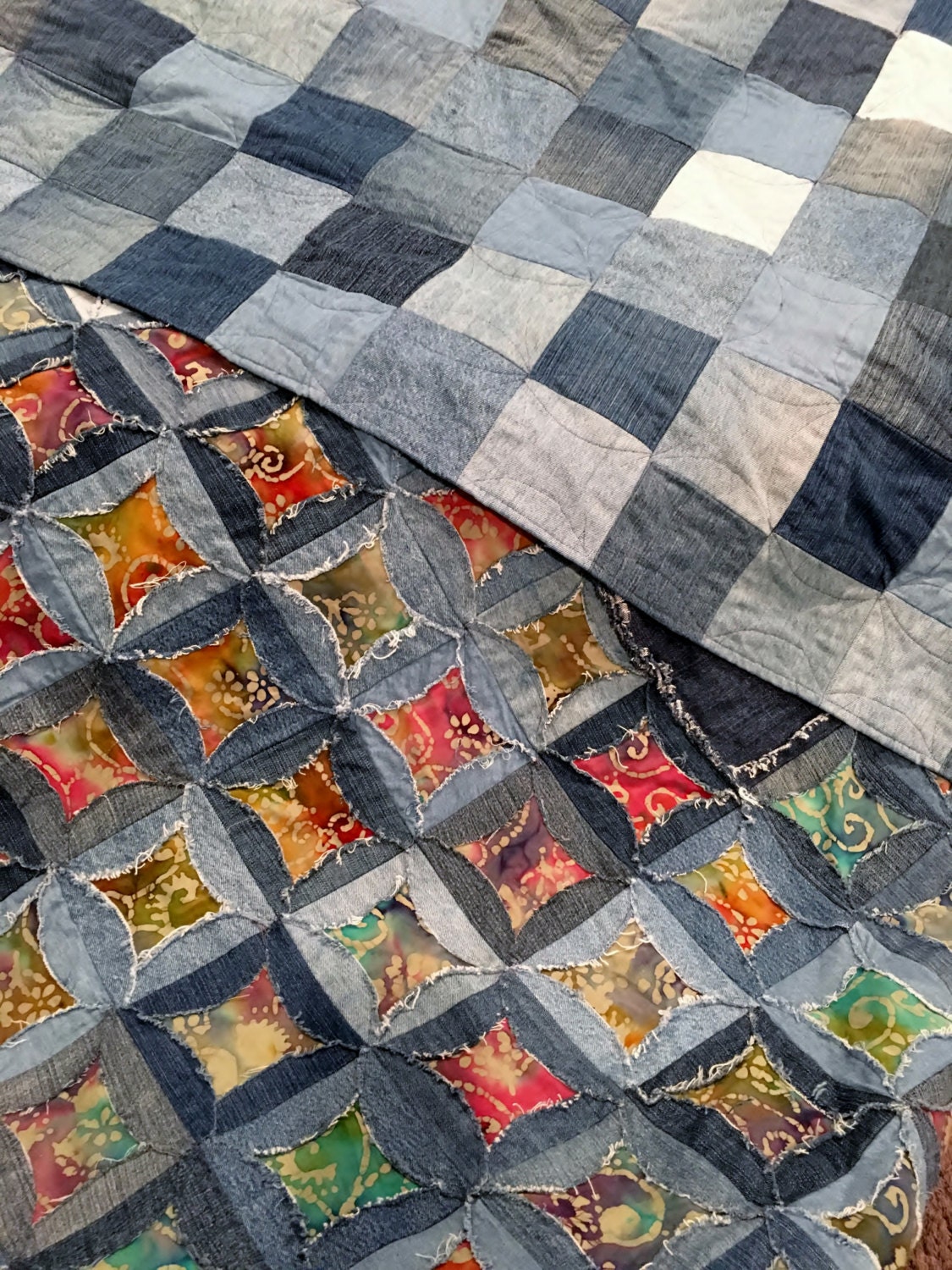 Mock Cathedral Window Denim Rag Quilt with Willow Tree