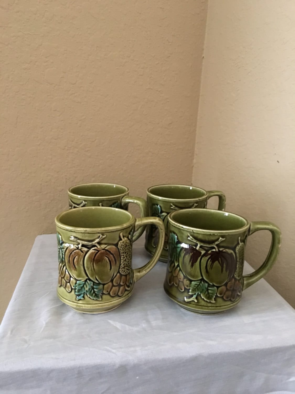 4 Vintage green assorted fruit coffee cups by TarasTreasureShoppe