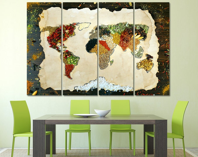 Large world map of spice, kitchen wall art, art of spices, spices poster, spices wall art of 1,2,3,4 or 5 canvas panels, Home Decoration
