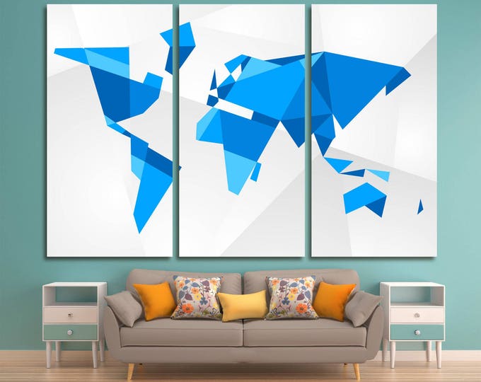 Abstract Blue Ice Geometric World Map Print Panels Set, Large Wall Art / 1,3,4 or 5 Panels on Canvas Wall Art for Home & Office Decoration