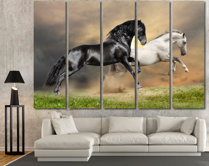 Black and white horses photography fine art canvas print set home decor, large green grass running horses wall decor modern art canvas print