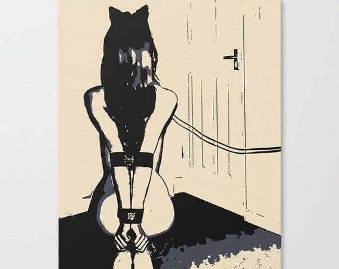 Erotic Art Canvas Print - Hot Kitten in chains, unique sexy pop art style print, girl in submissive, BDSM pose, sensual high quality artwork