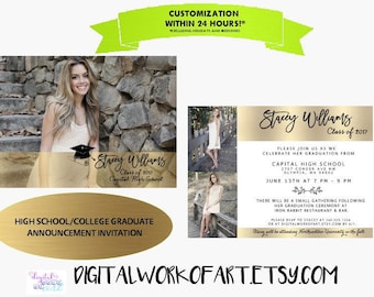 Graduation Invitation, Graduation Announcement, College High School, Senior Announcement, Invitation, Photo Grad, Graduate, Class of, Custom