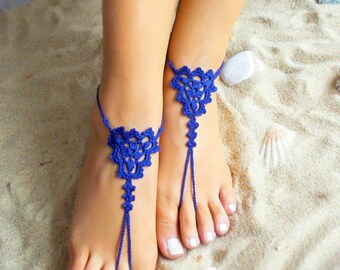 Santorini Blue Crochet Barefoot Sandals Foot Jewelry Beach