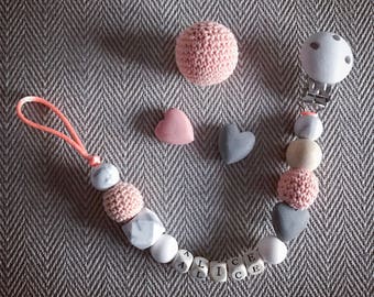 Personalised Handmade Baby Natural Wooden Crochet Pacifier Peach Pink White Grey Dummy Clip Teether Toy Gift