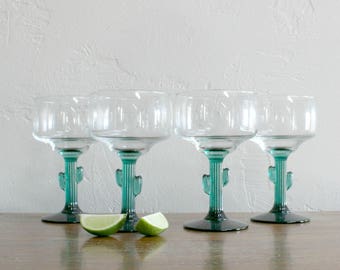 4 Cactus Margarita Glasses, Vintage Margarita Glasses, Large Cocktail Glasses, Cactus Glasses Green Stem, Novelty Barware Party Glasses