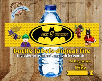 Personalized water bottles labels Batman + Flags for your straws FREE, Batman, Lego Batman, Batman Party, Batman Birthday, digital file