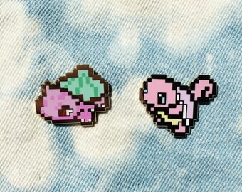 Pixel Squirtle & Bulbasaur Enamel Pins - Gold