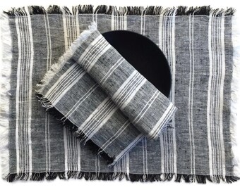 Set of 4+ Linen Placemats, Black and White Placemats, Black, White, Gray Striped Linen Placemats, Antique Style Table Linens
