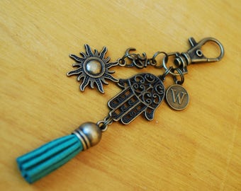 Hamsa hand tassel keychain, FREE SHIPPING, Personalized keyring, hippie style, Sun charm key chain, ohm symbol, teal tessel, Unisex gift