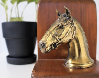 vintage horse bookends - brass wood horse head bookends - vintage bookends - midcentury shelf decor - midcentury bookends - equestrian decor