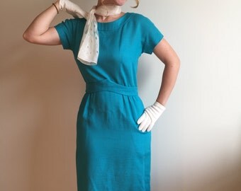 50s Turquoise Blue Linen Wiggle Dress Day Dress by Henri Bendel