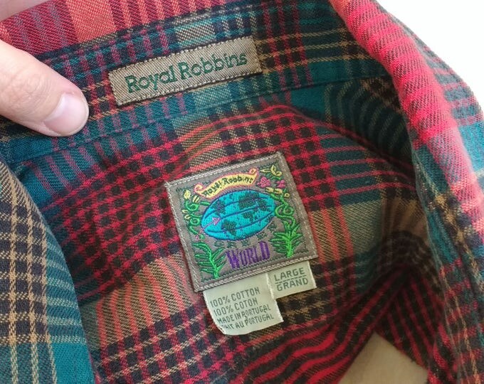 Royal Robbins shirt size L, blue red mustard plaid, cotton flannel shirt, vintage mens shirt, colourful longsleeve, casual button down shirt