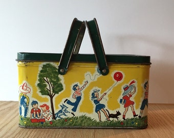 Vintage tin lunch box from circa 1940 children playing design
