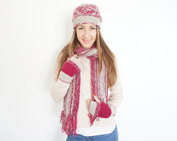 Matching Christmas Winter Set Knit Beanie Hat Long Scarf
