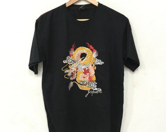 Vintage Sukajan Tee Tshirt Dragon Embroidery Souvenir Japan Black Colour Large Size