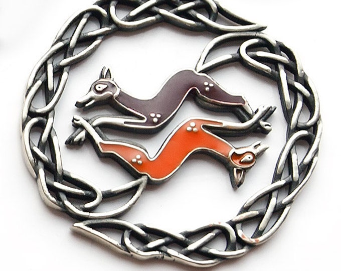 Celtic Fox Pendant in brass or albata with enamel