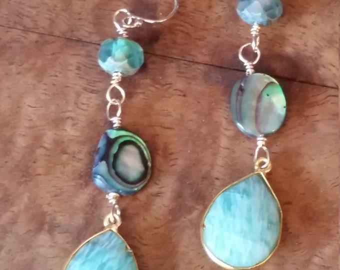 Gold Vermeil Bezeled Amazonite, Abalone, and Glass Bead Earrings in 14 K GF