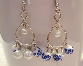 Pottery blue and white ceramic flower chandelier earrings Pottery blue and white bead earrings Chandelier earrings Blue and white earrings