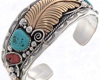 Navajo Silver Gold Cuff Bracelet With Sleeping Beauty Turquoise