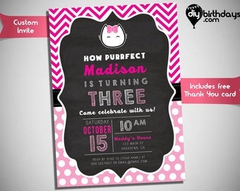 Kitty Kat Invitation - Fun and cute birthday invitation with a Kitty Kat design - Inspired by Hello Kitty Invitation - HK010