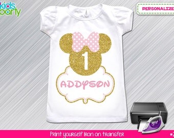 Pink and Gold Minnie Mouse Birthday Girl Print Yourself Iron on Transfer
