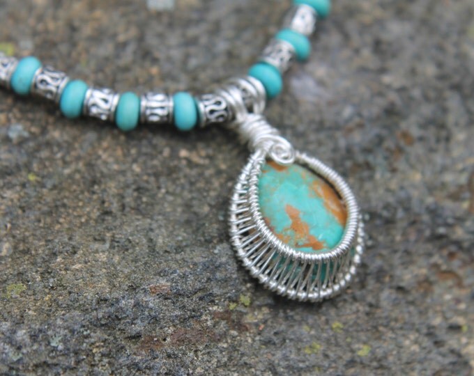Turquoise Beaded Southwestern Style Necklace, Handmade Cabochon w/ Sterling Silver Wire Wrap Pendant, Wire Weave Jewelry, Gift for Her