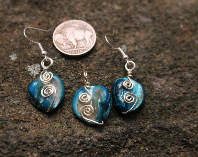 Blue Shell Earrings and Pendant Set Wire Wrapped in Silver Wire with Spiral Accents, BoHo Hippie Beach Jewelry, Gift for Her