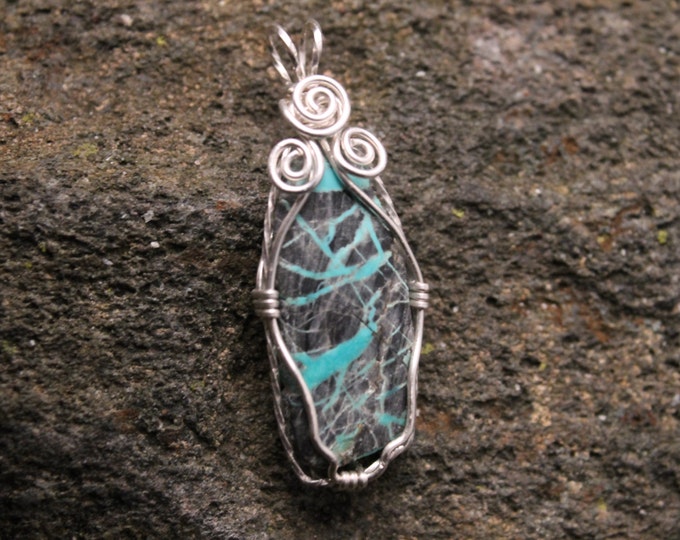Electric Blue Lightning Turquoise with Sterling Silver Wire Wrap and Triple Spiral Accents