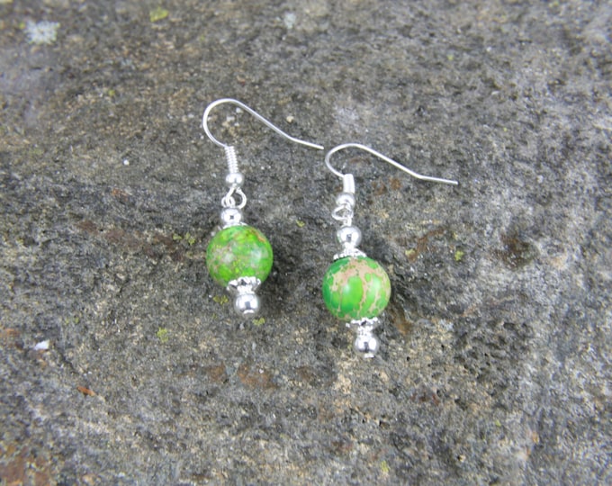 Lime Green Bead Earrings, Dangle Dyed Sea Jasper with Silver Accents, Veined Stone BoHo Earrings, Bohemian Jewelry
