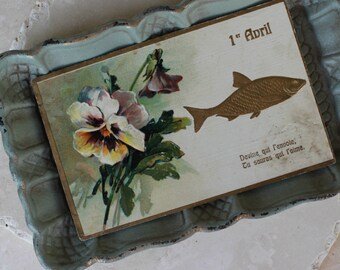 1908 Antique French Carte Postale, Antique French Post Card, French Antique, French cottage, French Graphics,POISSON D'AVRIL